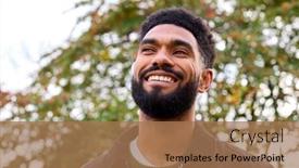  Presentation with autumn - PPT theme featuring smiling-young-man-wearing-coat background and a coral colored foreground