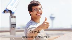  Presentation with man sitting bench - Theme having smiling young man with map showing thumb up sitting on bench near coin operated binoculars background and a coral colored foreground