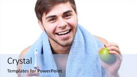  Presentation with gold man smile - Slide set with smiling young man with toothbrush background and a light blue colored foreground