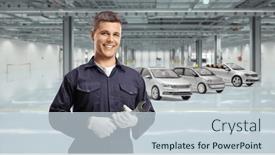  Presentation with garage car - PPT theme having smiling-young-mechanic-holding background and a lemonade colored foreground