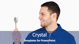  Presentation with boiler - PPT layouts having smiling young mechanic in boiler suit looking at his wrench against a white background background and a ocean colored foreground