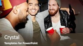  Presentation with night club - Presentation design with three smiling young men enjoying party in night club drinking beer and chatting having fun together background and a tawny brown colored foreground