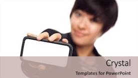  Presentation with young business woman smile show - PPT layouts with smiling young mixed race woman background and a mint green colored foreground