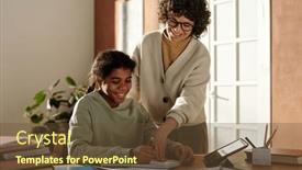  Presentation with homework - PPT layouts enhanced with smiling-young-mother-pointing background and a tawny brown colored foreground