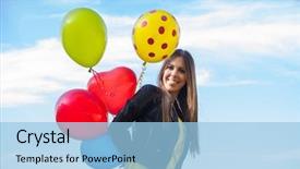  Presentation with ordinary - Cool new presentation design with smiling young ordinary woman in blue jeans and leather jacket with balloons outdoors against sky backdrop and a light blue colored foreground