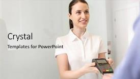  Presentation with patient centered care - Slide deck with smiling young patient paying fees background and a light gray colored foreground