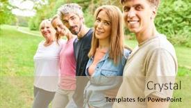  Presentation with togetherness - Presentation design having smiling-young-people-stand-side background and a coral colored foreground