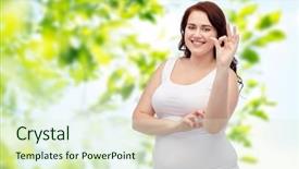  Presentation with weight loss woman showing - PPT theme having smiling young plus size woman background and a  colored foreground