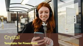  Presentation with bus station - PPT layouts consisting of smiling-young-redhead-woman background and a tawny brown colored foreground