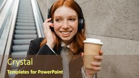  Presentation with takeaway coffee - Presentation design enhanced with smiling-young-redhead-woman background and a tawny brown colored foreground