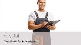  Presentation with writing - Slide set consisting of smiling-young-repairman background and a light gray colored foreground