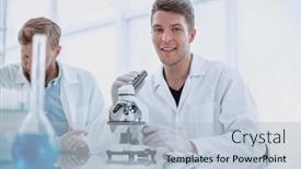  Presentation with research - PPT layouts enhanced with smiling young scientist using microscope for research background and a light blue colored foreground