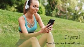  Presentation with sportswear - Colorful PPT layouts enhanced with smiling young sportswoman dressed sportswear in headphones resting while sitting on grass with mobile phone outdoors backdrop and a yellow colored foreground