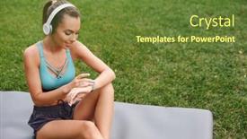  Presentation with smartwatch - Slide deck featuring smiling young sportswoman dressed in sportswear checking her smartwatch while sitting on fitness mat on grass outdoors background and a tawny brown colored foreground
