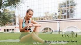  Presentation with smartwatch - PPT layouts enhanced with smiling young sportswoman dressed in sportswear checking her smartwatch while sitting on fitness mat on grass outdoors background and a mint green colored foreground