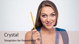  Presentation with student - Slide deck enhanced with smiling young student holding pencil background and a coral colored foreground
