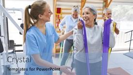  Presentation with resistance - Presentation theme featuring smiling-young-therapist-assisting-senior background and a light blue colored foreground