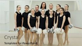  Presentation with cheerleading - Audience pleasing theme consisting of smiling-young-trainer-posing backdrop and a coral colored foreground