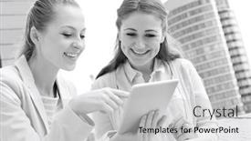  Presentation with digital university - Presentation having smiling young university students using digital tablet against building background and a light gray colored foreground