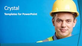  Presentation with construction - Beautiful presentation design featuring smiling young white construction worker backdrop and a teal colored foreground