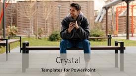  Presentation with man sitting bench - Slide deck having smiling-young-white-man background and a light gray colored foreground