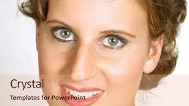  Presentation with plain - Colorful slide set enhanced with smiling young woman against plain backdrop and a coral colored foreground