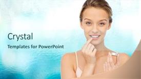  Presentation with lip balm - Audience pleasing theme consisting of smiling young woman applying lip balm to her lips backdrop and a cool aqua colored foreground