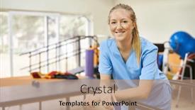  Presentation with nursing - Slide set consisting of smiling-young-woman-as-physiotherapist background and a coral colored foreground