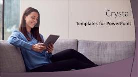  Presentation with home - PPT theme enhanced with smiling-young-woman-at-home background and a light gray colored foreground