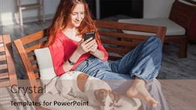  Presentation with chat - Theme consisting of smiling-young-woman-at-home background and a coral colored foreground