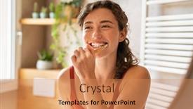  Presentation with teeth whitening - Cool new PPT theme with smiling-young-woman-brushing-teeth backdrop and a coral colored foreground