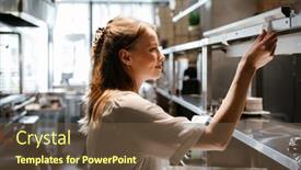  Presentation with restaurant kitchen - Theme consisting of smiling-young-woman-cook-wearing background and a tawny brown colored foreground