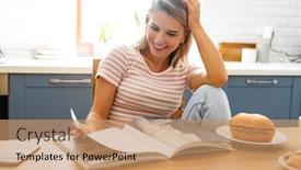  Presentation with hamburger - Audience pleasing slide deck consisting of smiling-young-woman-eating backdrop and a coral colored foreground