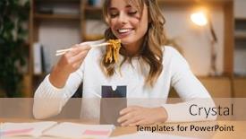  Presentation with woman office desk - Slide deck consisting of smiling-young-woman-entrepreneur-having background and a coral colored foreground