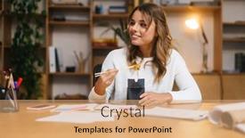  Presentation with woman office desk - Theme consisting of smiling-young-woman-entrepreneur-having background and a coral colored foreground