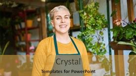  Presentation with salesperson - PPT theme featuring smiling-young-woman-gardener background and a yellow colored foreground