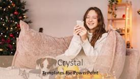  Presentation with girl christmas - Presentation design enhanced with smiling-young-woman-holding-cellphone background and a coral colored foreground