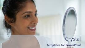  Presentation with mirror - PPT theme enhanced with smiling-young-woman-holding-hand background and a sky blue colored foreground