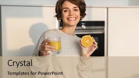  Presentation with orange fruit - Slide set with smiling young woman holding orange background and a coral colored foreground