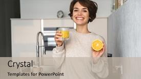  Presentation with mango juice fresh tropical fruit - Presentation theme featuring smiling young woman holding orange background and a mint green colored foreground