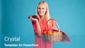  Presentation with blue food - Beautiful slides featuring smiling young woman holding straw basket with healthy food fruits isolated on a blue background backdrop and a teal colored foreground