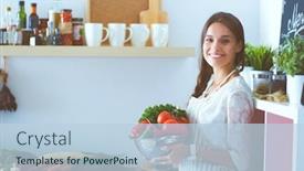  Presentation with vegetables - Beautiful PPT layouts featuring smiling-young-woman-holding-vegetables backdrop and a light blue colored foreground