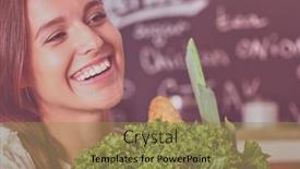  Presentation with vegetables - Audience pleasing PPT layouts consisting of smiling-young-woman-holding-vegetables backdrop and a gold colored foreground