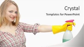  Presentation with spray - Theme consisting of smiling young woman holding a spray bottle against white background background and a white colored foreground