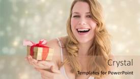  Presentation with shimmering - Beautiful PPT theme featuring smiling young woman holding a small gift against light design shimmering on silver backdrop and a coral colored foreground