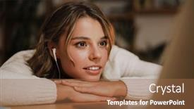  Presentation with interpreter - Theme with smiling-young-woman-in-earphones background and a tawny brown colored foreground