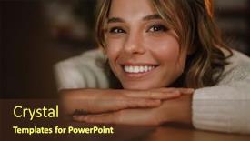  Presentation with interpreter - Cool new presentation theme with smiling-young-woman-in-earphones backdrop and a tawny brown colored foreground