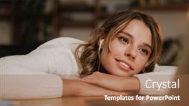  Presentation with interpreter - PPT theme enhanced with smiling-young-woman-in-earphones background and a coral colored foreground