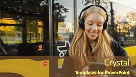  Presentation with bus station - Theme featuring smiling-young-woman-in-headphones and a tawny brown colored foreground