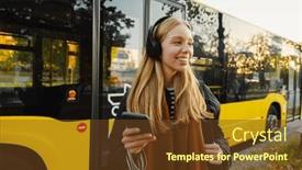  Presentation with bus station - Slide set enhanced with smiling-young-woman-in-headphones and a tawny brown colored foreground